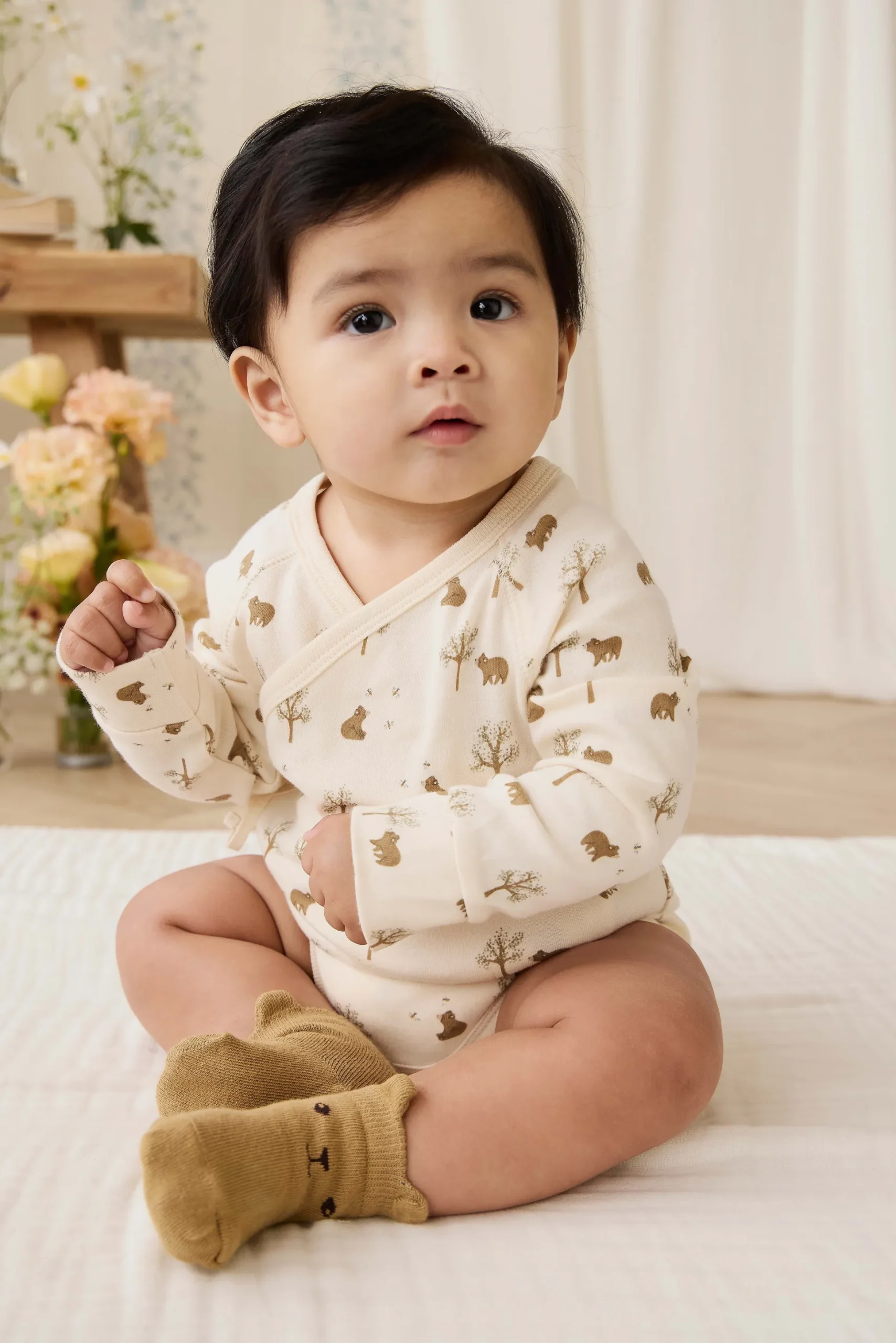 Organic Cotton Ames Wrap Long Sleeve Bodysuit - Honey Bear Cloud