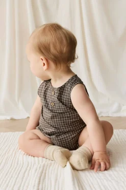 Organic Cotton Archie Playsuit - Coffee Grid