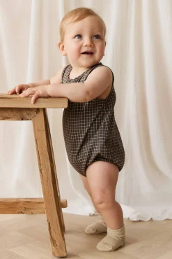 Organic Cotton Archie Playsuit - Coffee Grid