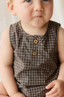 Organic Cotton Archie Playsuit - Coffee Grid