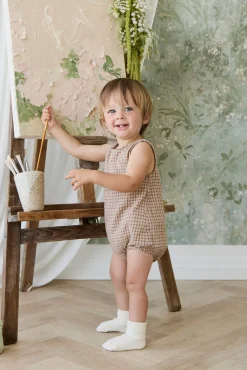Organic Cotton Bentley Playsuit - Cabin Check Cocoa