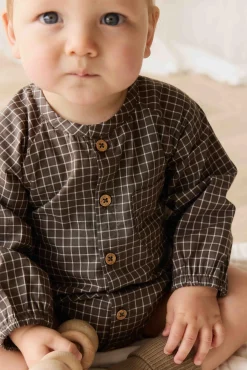 Organic Cotton Ellis Playsuit - Coffee Grid