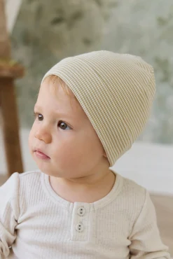 Organic Cotton Fine Rib Micah Beanie - Petite Stripe Hay/Cloud
