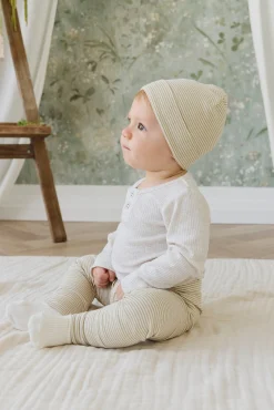 Organic Cotton Fine Rib Micah Beanie - Petite Stripe Hay/Cloud