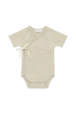Organic Cotton Fine Rib Micah Short Sleeve Playsuit - Petite Stripe Hay/Cloud