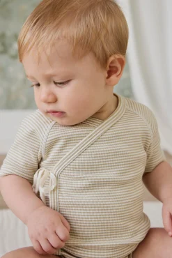Organic Cotton Fine Rib Micah Short Sleeve Playsuit - Petite Stripe Hay/Cloud