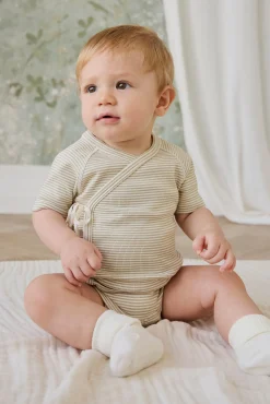 Organic Cotton Fine Rib Micah Short Sleeve Playsuit - Petite Stripe Hay/Cloud