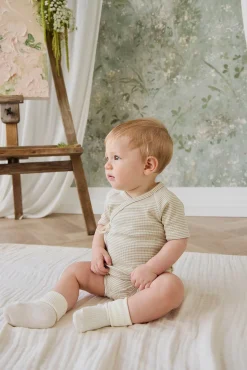 Organic Cotton Fine Rib Micah Short Sleeve Playsuit - Petite Stripe Hay/Cloud