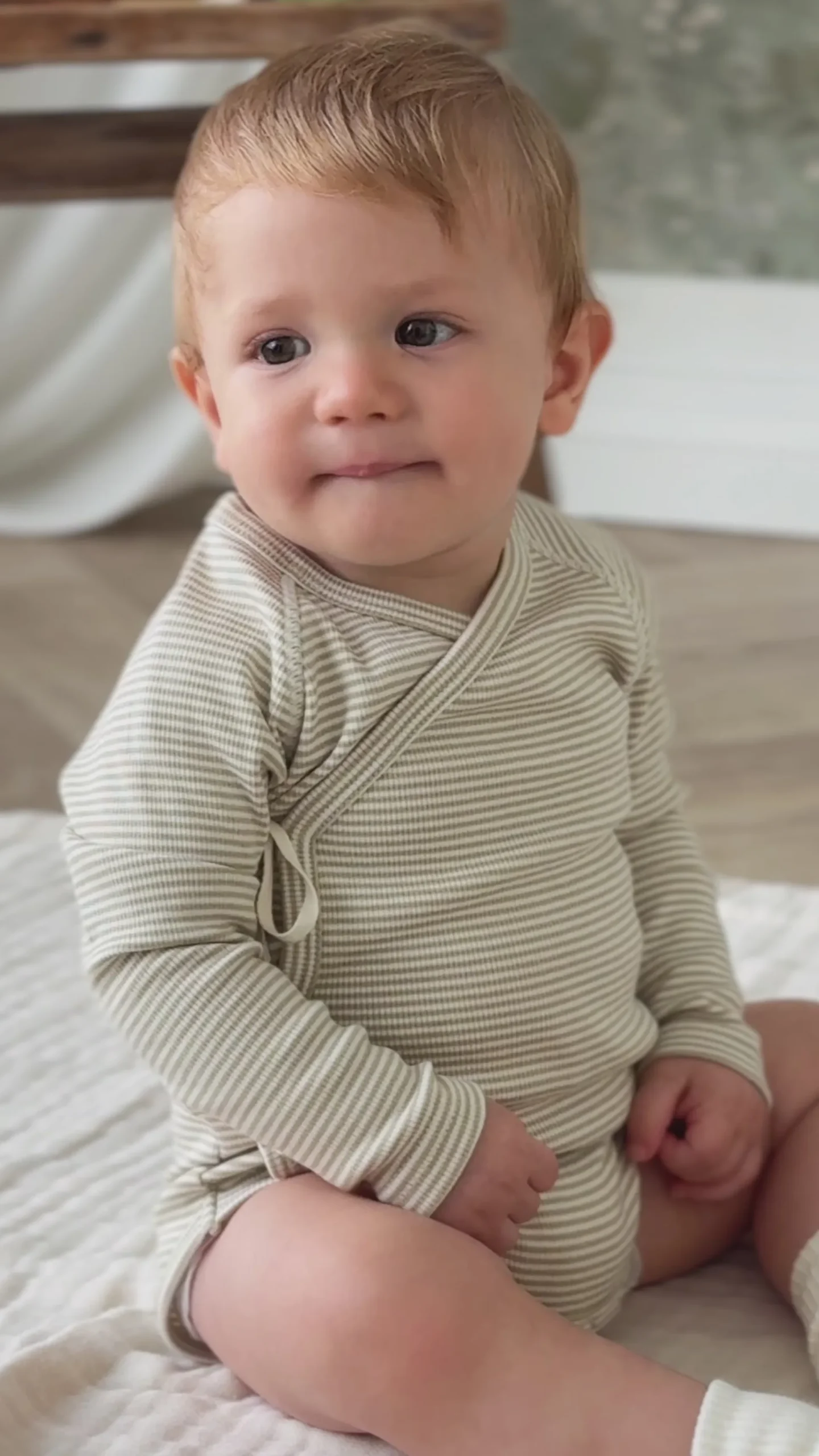 Organic Cotton Fine Rib Micah Short Sleeve Playsuit - Petite Stripe Hay/Cloud