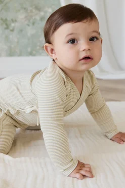 Organic Cotton Fine Rib Micah Wrap Onepiece - Petite Stripe Hay/Cloud