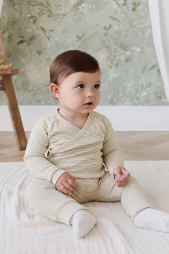 Organic Cotton Fine Rib Micah Wrap Onepiece - Petite Stripe Hay/Cloud