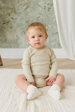 Organic Cotton Fine Rib Micah Long Sleeve Playsuit - Petite Stripe Hay/Cloud