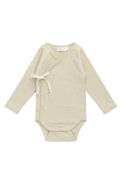 Organic Cotton Fine Rib Micah Long Sleeve Playsuit - Petite Stripe Hay/Cloud