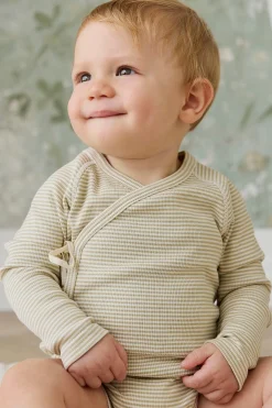 Organic Cotton Fine Rib Micah Long Sleeve Playsuit - Petite Stripe Hay/Cloud