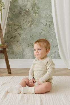 Organic Cotton Fine Rib Micah Long Sleeve Playsuit - Petite Stripe Hay/Cloud