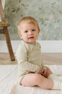 Organic Cotton Fine Rib Micah Long Sleeve Playsuit - Petite Stripe Hay/Cloud