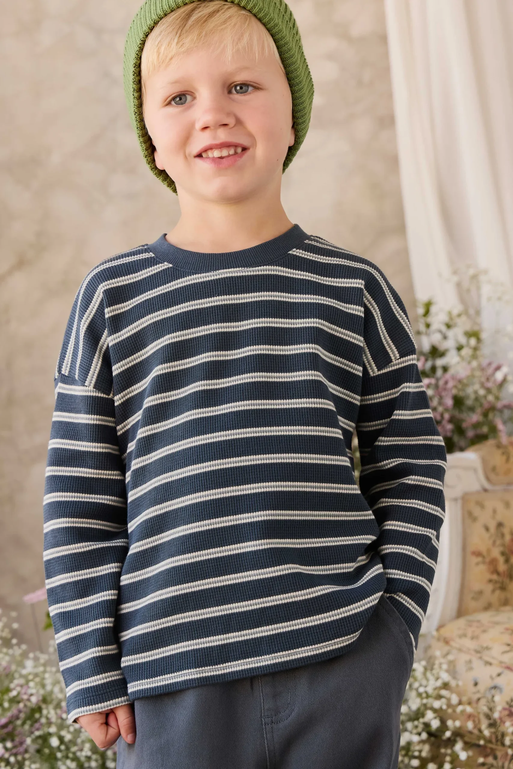 Organic Cotton Waffle Leith Long Sleeve Top - Dreamer Stripe Captain