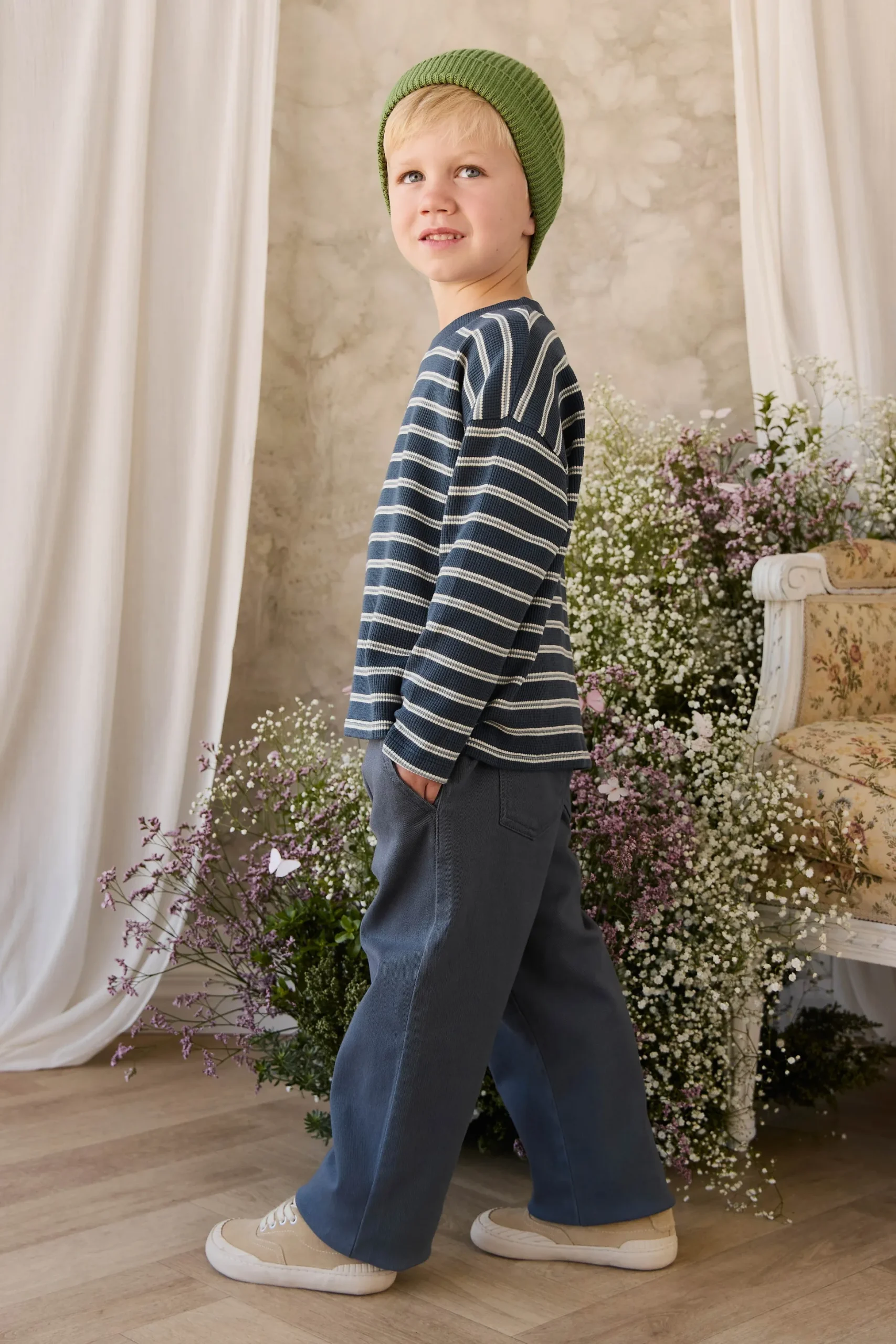 Organic Cotton Waffle Leith Long Sleeve Top - Dreamer Stripe Captain