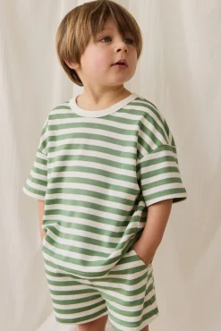 Pima Cotton Wesley Short - Essential Stripe Parchment/Snow Pea