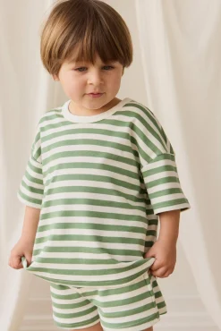 Pima Cotton Wesley Short - Essential Stripe Parchment/Snow Pea